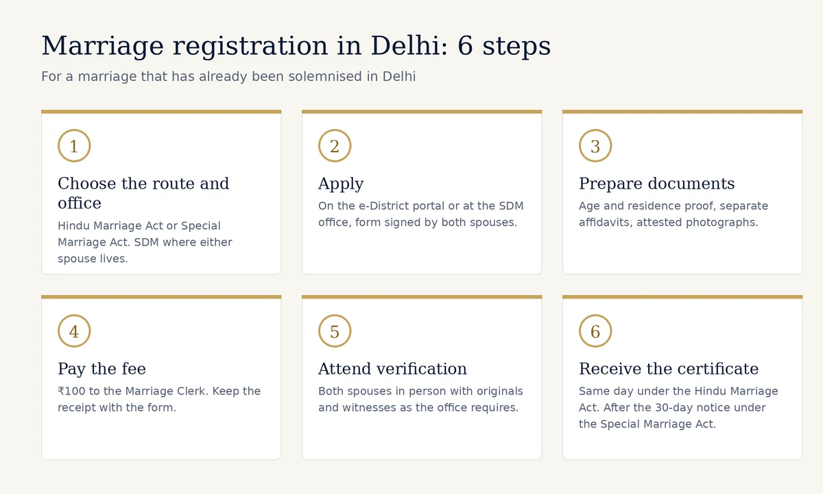 Marriage registration in Delhi step by step: choose the route, apply, prepare documents, pay the fee, attend verification and receive the certificate