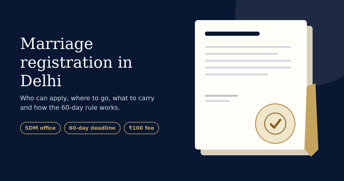 Marriage registration in Delhi guide: illustration of a marriage certificate with a verification seal, showing the SDM office, 60-day deadline and ₹100 fee